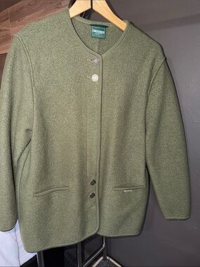 Vintage GEIGER Austria Boiled Pure Wool Coat Jacket Women 42 US S Army Green
